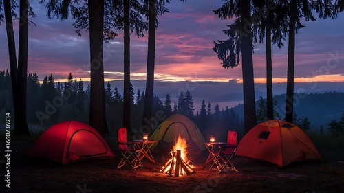 Fototapeta Naklejka Na Ścianę i Meble -  Dramatic sunset camping scene with campfire and tents in a forest with lake view