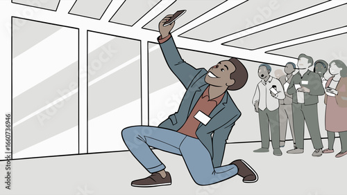 Man Taking a Photo of the Ceiling at a Conference with Other Attendees.