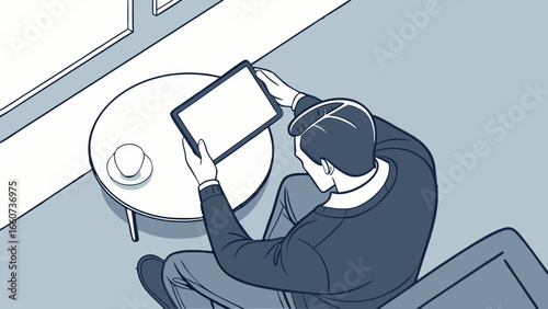 Man Using Tablet in Cafe Setting.