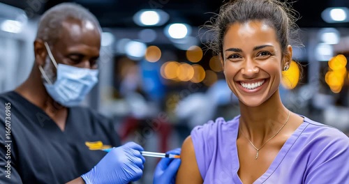 Nurse administering injection to patient with reassuring smile, clean clinic setting, focused lighting on interaction
