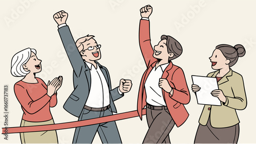 Triumphant Businesspeople Crossing Finish Line.