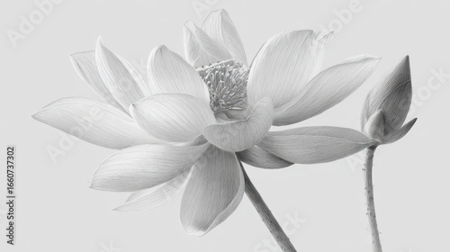 Open lotus flower with a bud on a stem, softly lit in monochrome