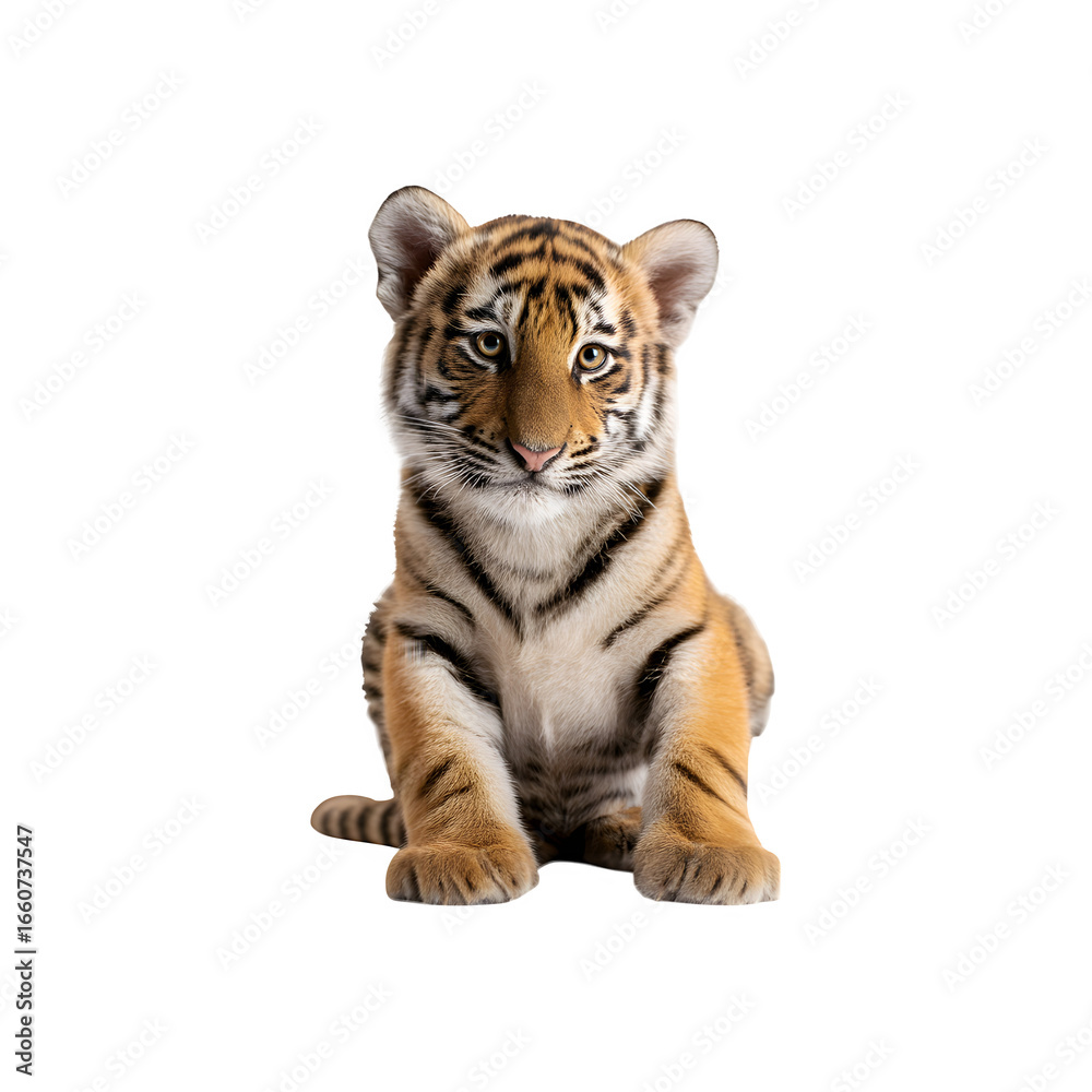 Obraz premium Tiger cub sitting in a relaxed pose, showcasing its youthful features and distinctive stripes