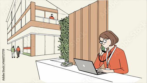 Office Receptionist Working at Modern Building.