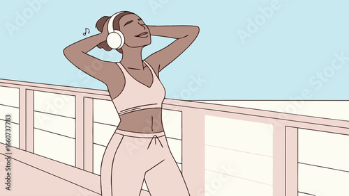 Relaxed Woman Enjoying Music with Headphones Outdoors.