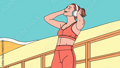 Relaxed Woman in Coral Sportswear Listening to Music with Headphones.