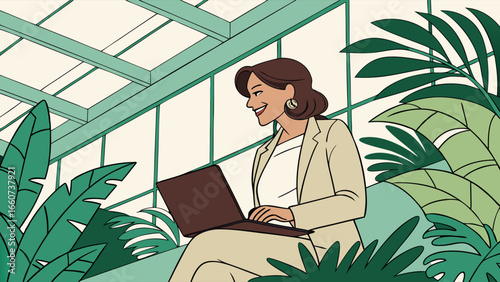 Smiling businesswoman working on laptop amidst lush greenery in a modern conservatory.