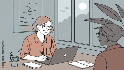Smiling woman in glasses working on laptop with colleague.