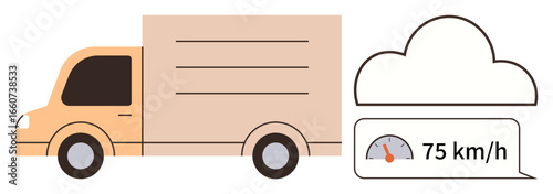 Truck moving alongside a cloud icon and speed gauge display reading 75 kmh. Ideal for logistics, transportation, fleet management, tracking, technology, efficiency, communication. Simple flat