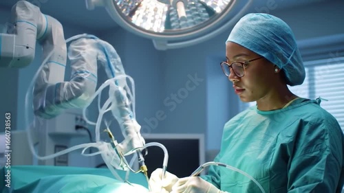 Surgery being performed by robot with doctor supervising.