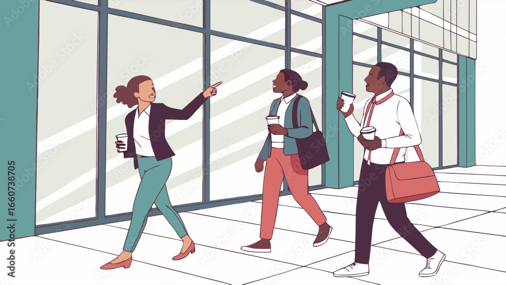 Fototapeta premium Three Business Professionals Walking and Holding Coffee Cups.