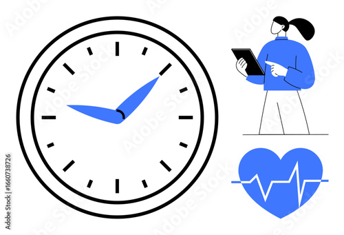 Large clock with blue hands, person holding a tablet, and heartbeat graphic. Ideal for time management, healthcare, technology, productivity, wellness, monitoring simple landing page