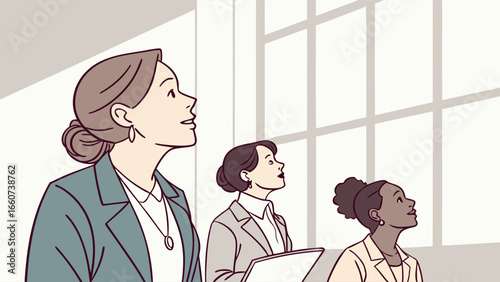 Three Businesswomen Looking Upward Diverse Team Professional.