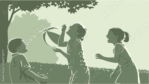 Three Children Joyfully Playing with Beach Ball Outdoors.