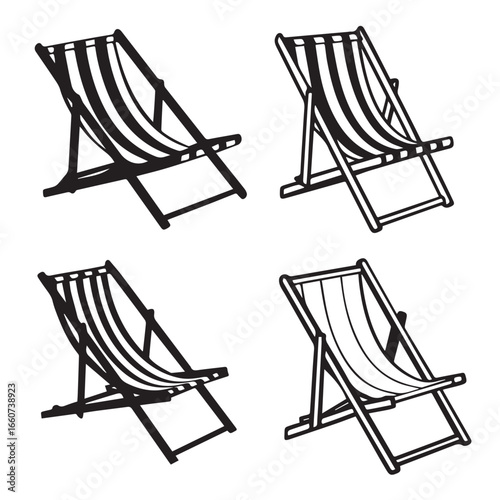Four deck chairs with black and white stripes isolated on white background