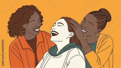 Three Joyful Women Sharing a Laugh Affectionate Embrace.