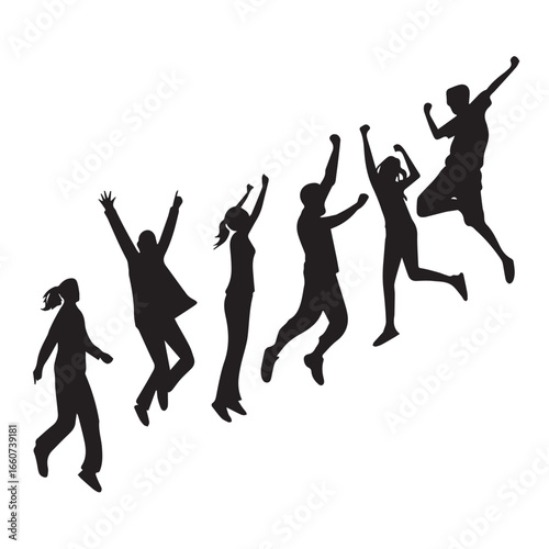 Silhouettes of people jumping in the air isolated on white background
