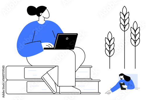 Woman seated on stacked books typing on a laptop, wheat stalks in view, smaller figure writing notes. Ideal for agriculture, learning, technology, research, growth, sustainability simple landing