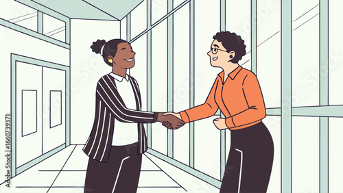 Two Businesswomen Shaking Hands in Modern Office Corridor.