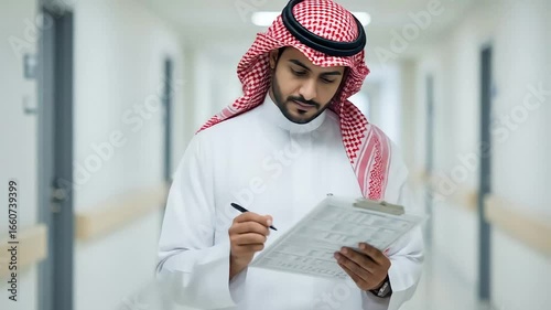 Arab Doctor Making Notes in Hospital Corridor
