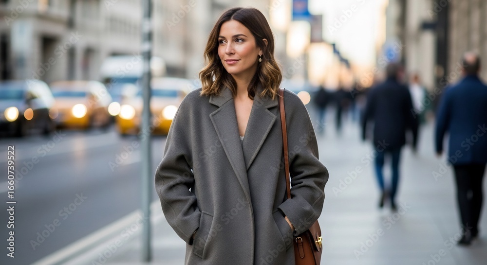 Fototapeta premium Woman in a grey coat on a city street