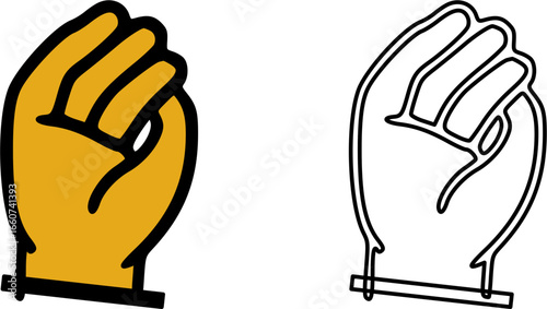 Two representations of a clenched fist gesture, one in color and one as a black and white outline.