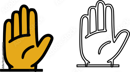 Two stylized icons of an open hand with fingers spread, one colored yellow and black, the other a black outline on white.