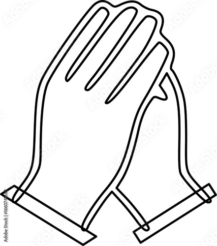 A simple line drawing of two hands clasped together in prayer, symbolizing faith and devotion.