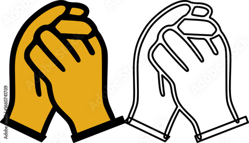 Illustration of hands clasped in prayer, one colored and one in outline.