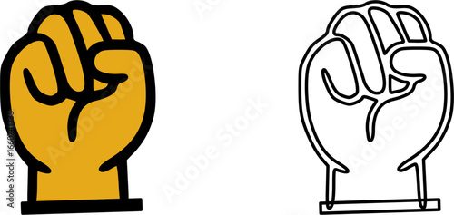 Two illustrations of a clenched fist, one colored yellow and the other an outline, symbolizing power and unity.