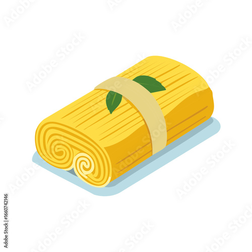 Isometric vector rolled pasta illustration with leaves for Asian, Mediterranean dish preparation