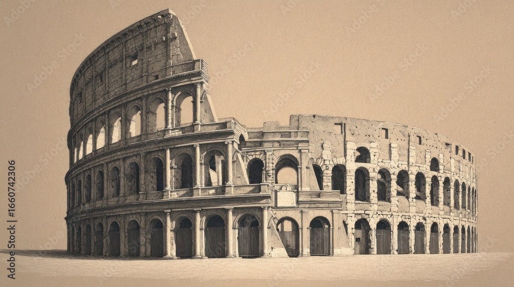 Naklejka premium Sepia hued, partially destroyed architectural amphitheater in Rome against a neutral backdrop