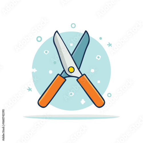 Illustration of garden shears, pruning shears with orange handles on light blue background with circles and stars