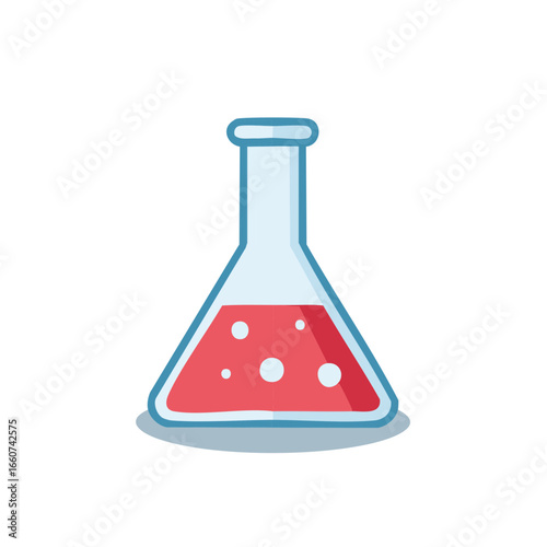 Cartoon conical flask with red liquid and bubbles for chemistry lab or science experiments