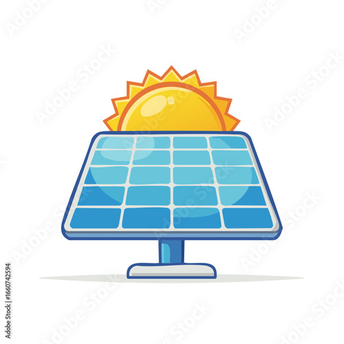 Cartoon solar panel with sun shining overhead offering clean renewable energy solutions for the future