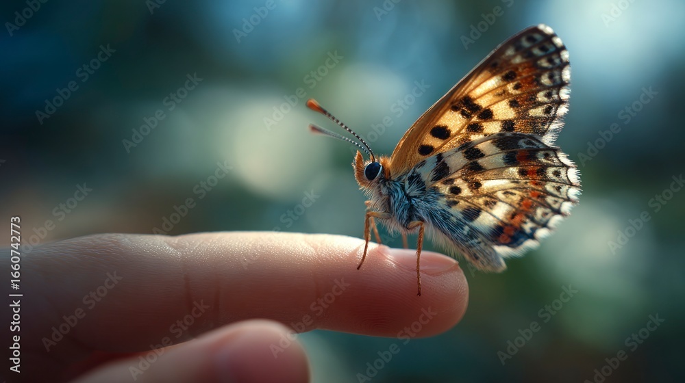 Obraz premium Butterfly on fingertip closeup