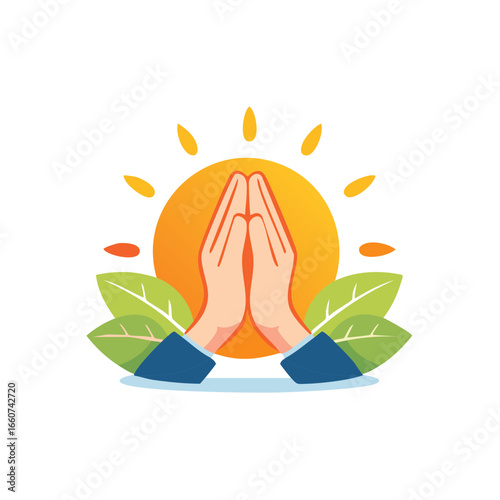 Praying hands with sun and plants in colorful vibrant illustration for spiritual wellness and mindful gratitude