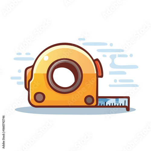 Cartoon illustration of a yellow retractable measuring tape for construction projects