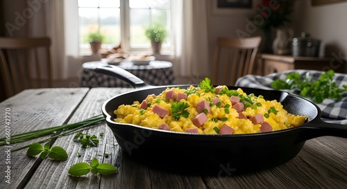 Golden Scrambled Eggs with Diced Ham and Fresh Chives in Rustic Cast Iron Skillet on Weathered Wood Table