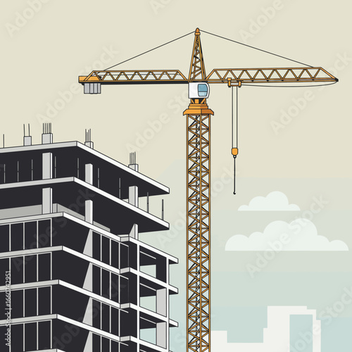 A construction crane stands tall beside a modern building under construction, set against a serene sky with minimalistic clouds and city skyline.
