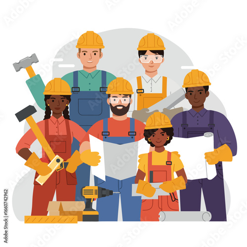 Diverse team of construction workers, including men and women, standing together with tools and blueprints, ready to build and innovate in the industry.