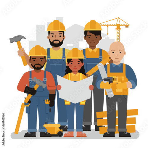 A diverse team of skilled construction workers and an architect collaborate on a building project, holding tools and blueprints in a modern flat vector illustration.