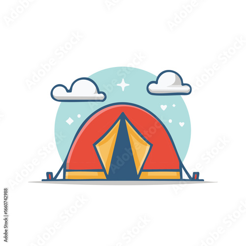 Camping Tent Scene with Clouds and Stars, Red Tent Cartoon Vector Illustration