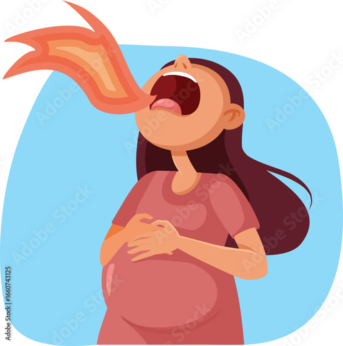 Pregnant Woman Suffering from Heartburn Symptoms Vector Illustration. Mother to be feeling discomfort due to acid reflex burning sensation

