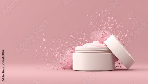 Cosmetic jar with pink powder explosion, pastel background
