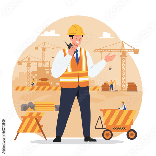 A construction site supervisor in a hard hat and safety vest communicates using a walkie-talkie with cranes and workers in the background.