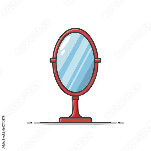 Stylish cartoon vanity mirror with red frame, reflection surface, home decor