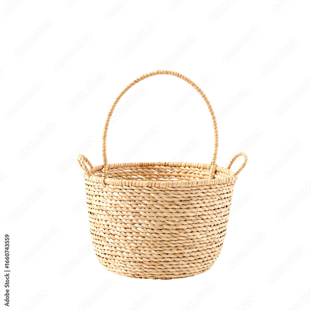 Fototapeta premium Handcrafted natural straw wicker basket with a sturdy arched handle and intricate weaving. Isolated on a clean white background, ideal for home decor, storage, or versatile displays.