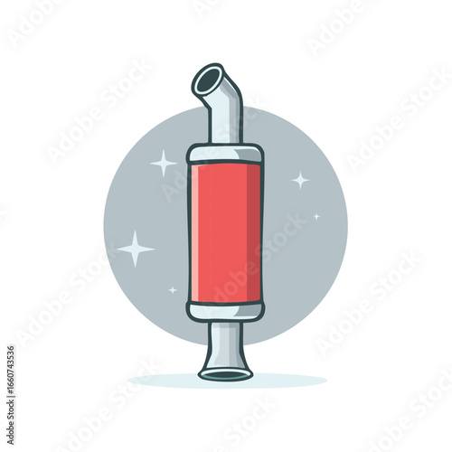 Stylized vehicle exhaust muffler with red body and silver accents against a circular background with stars