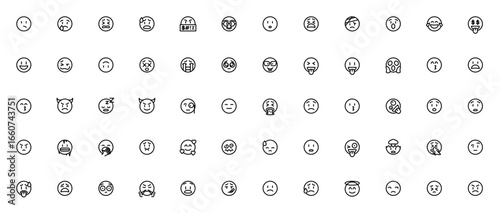 Emoji and emoticons icon set. Vector illustration pack featuring confused, crying, anxious, swearing, disguise, open mouth, tired, bandages, astonished, joy and more.